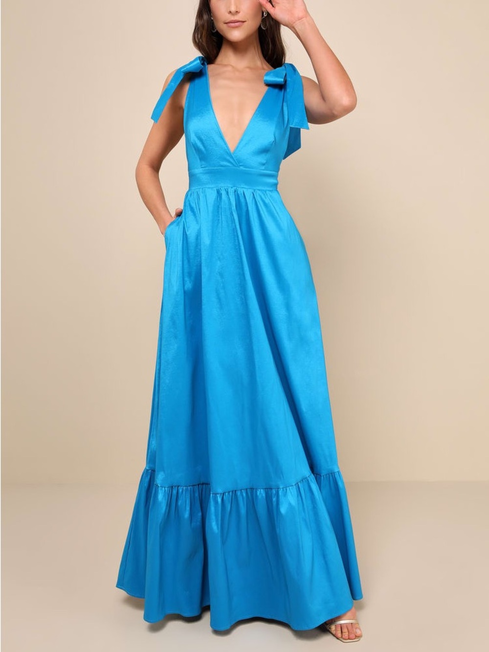 Lulus Rare Charm Teal Blue Taffeta Tie-Strap Maci Dress with Pockets Size L NWT